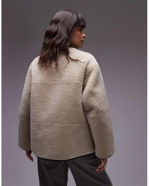 Mango Gray Contrast Detail Collarless Shearling Jacket