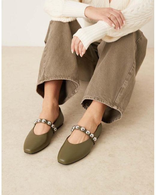 ASOS Natural Lexa Studded Mary Jane Ballet Flats