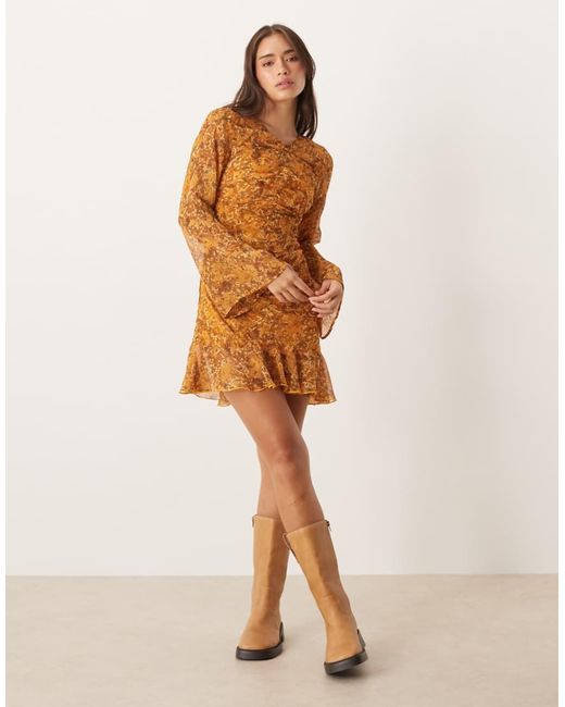 ASOS Natural Mini Dress With Ruched Bodice And Ruffle Tendrils