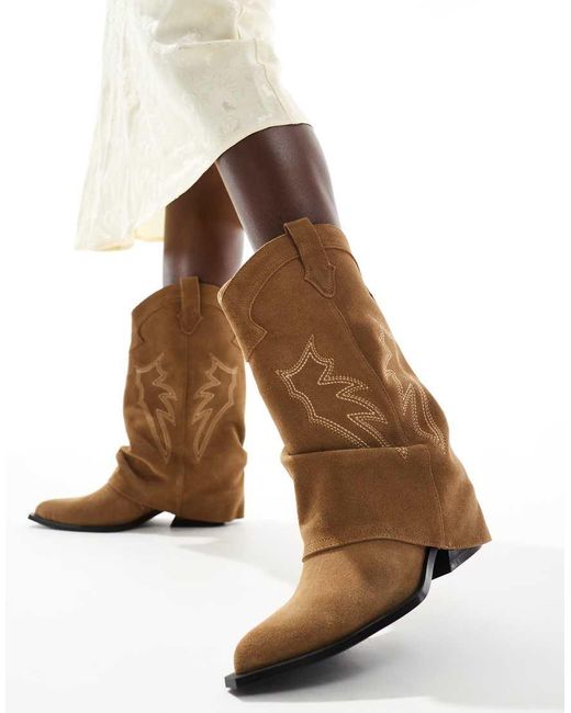 Stradivarius Brown Real Suede Heeled Fold Over Western Boot
