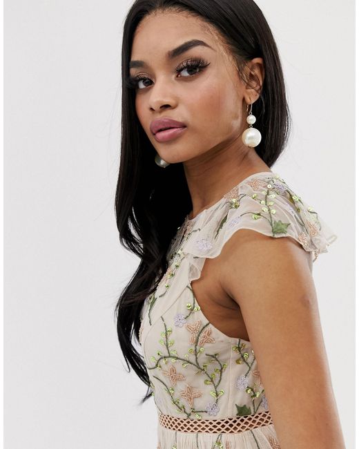 asos design pretty embroidered floral and sequin mesh maxi dress