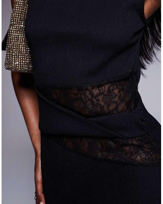 ASOS Blue High Neck Textured Crinkle Midi Dress With Lace Panel Cut Outs