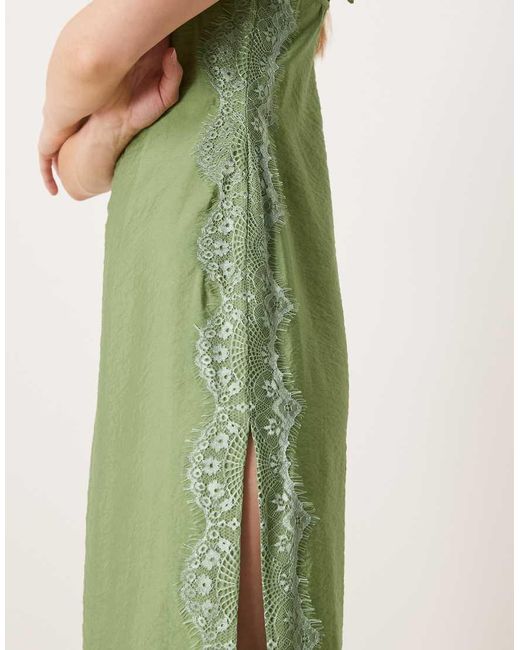 ASOS Green Asos Design Petite Cami Square Neck Crinkle Satin Lace Detail Maxi Dress