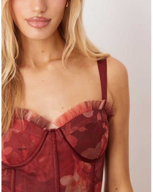 LACE & BEADS Midi Jurk Van Tule Met Korset En Bloemenprint in het Red