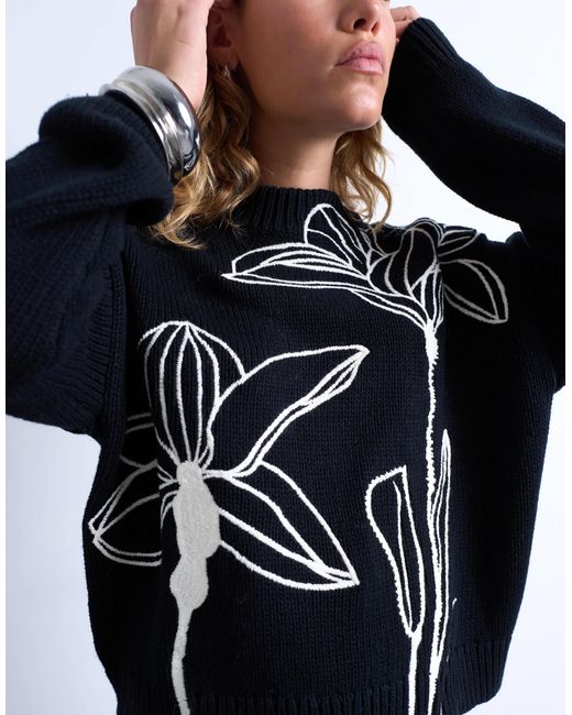 TOPSHOP Blue Knitted Embroidered Floral Jumper