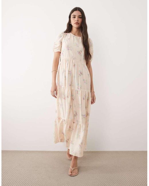 Nobody's Child Natural Hudson Round Neck Puff Sleeve Tiered Midi Dress