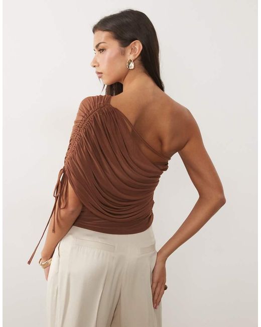 ASOS Brown Slinky Draped Asymmetric Top With Ruching Detail