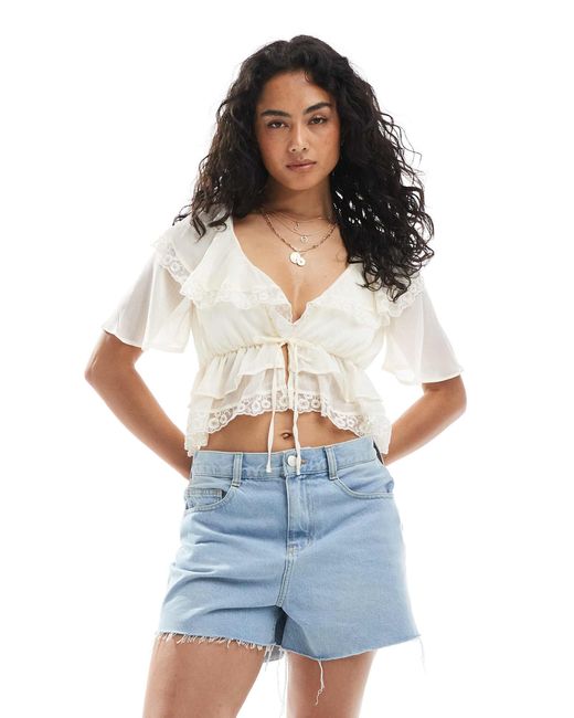 Miss Selfridge Blue Ruffle Tie Front Blouse