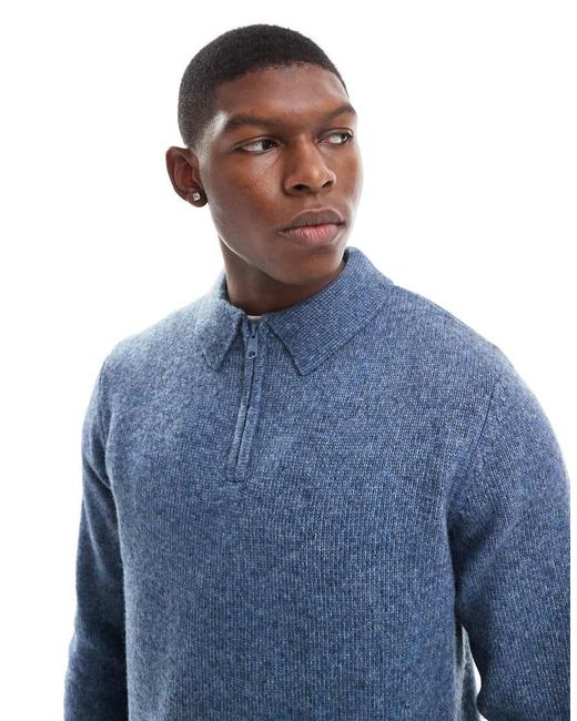 Threadbare Blue Knitted Zip Polo Jumper for men