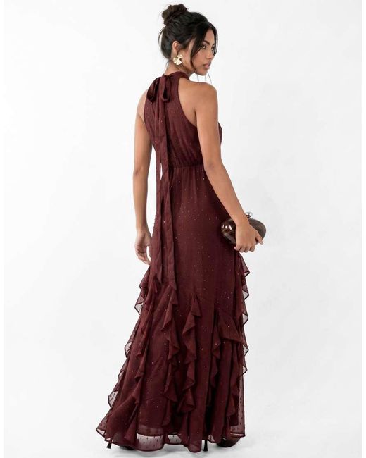 ANAYA Red Halter Neck Waterfall Ruffle Maxi Dress