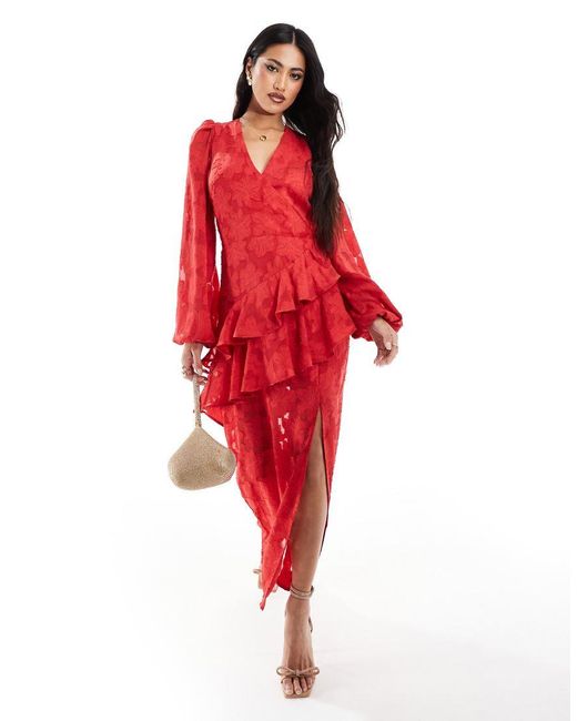 In The Style Red X Perrie Sian Wrap Asymmetric Ruffle Maxi Dress