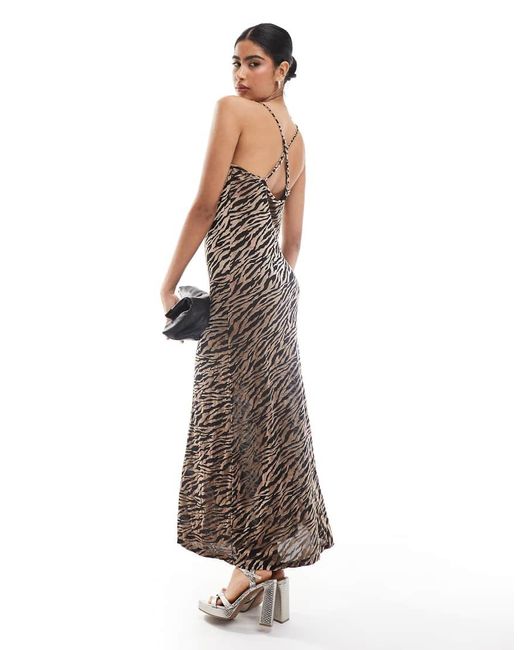 Vestido Lencero Midi Con Estampado De Cebra Y Cuello Desbocado De Devoré De Object de color White