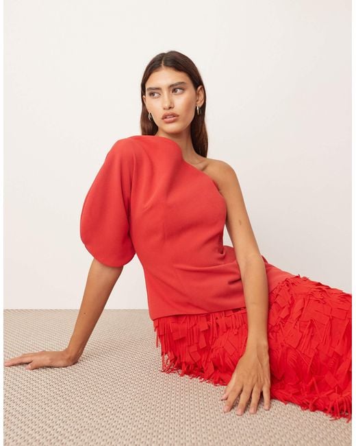 ARRANGE Red Sculptural One Shoulder Texture Hybrid Maxi Dress