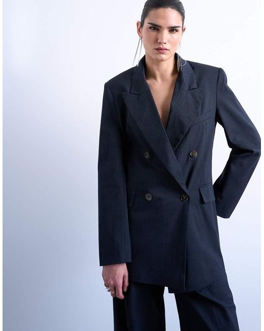 TOPSHOP Blue Double-breasted Subtle Pinstripe Oversized Blazer