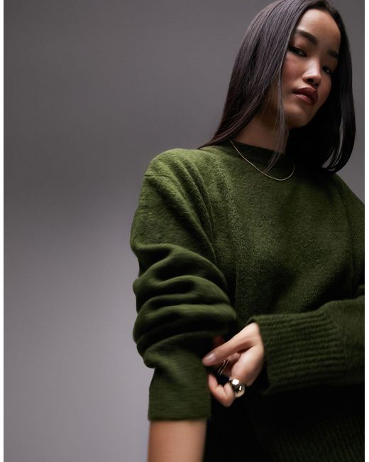 TOPSHOP Green Knitted Mid Crew Sweater