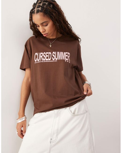 Collusion Brown Short Sleeve Oversized T-shirt With Print
