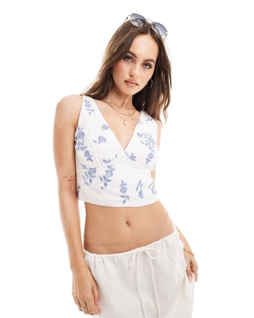 Abercrombie & Fitch White Plunge Neck Linen Blend Top With Floral Embriodery