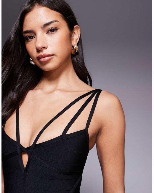 Kaiia Black Exclusive Premium Sculpting Bandage Bodycon Strappy Keyhole Detail Mini Dress