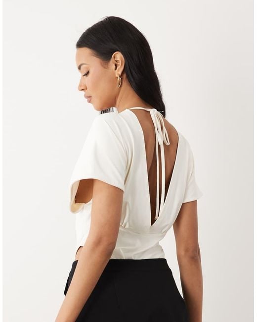 ASOS Natural Polyamide Drape Sleeve Plunge Bodysuit