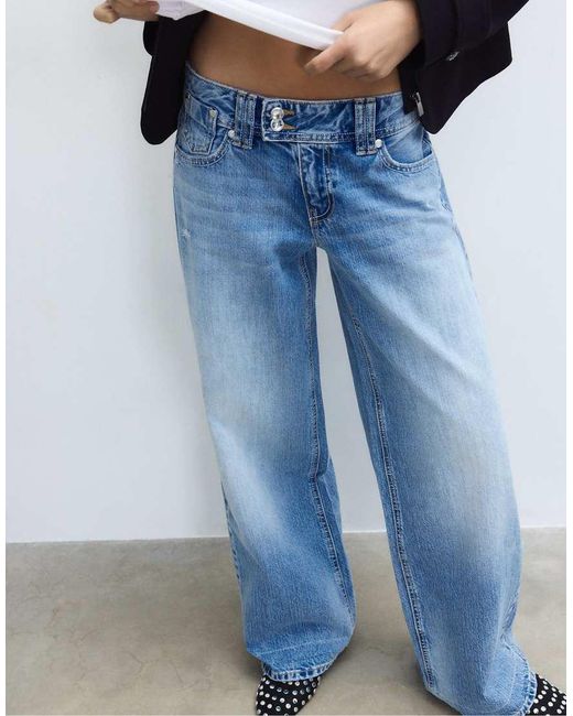 Stradivarius Blue Low-Rise Wide-Leg Jeans With Jewel Button
