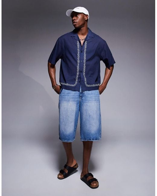 ASOS Blue Boxy Oversized Shirt With Border Print for men