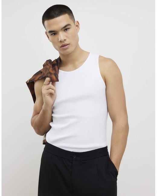 River Island White Muscle Fit Cotton Blend Stretch Vest for men