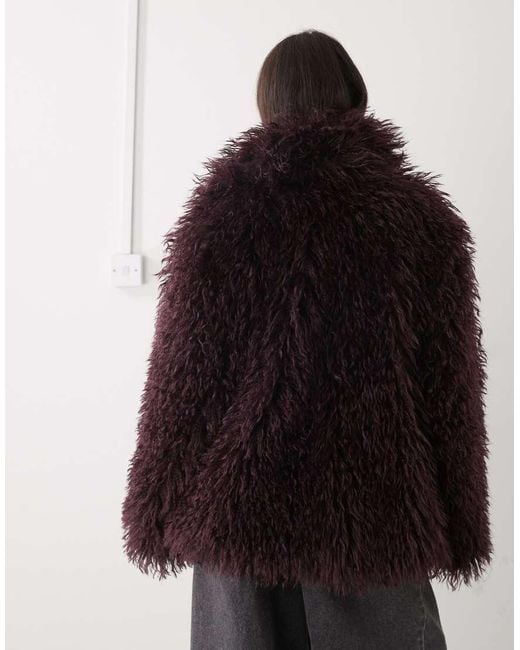 Monki Black Oversized Short shaggy Faux Fur Coat With Collar Detail