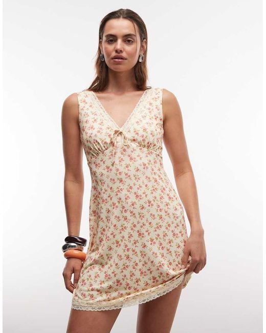 New Look Natural Ditsy Floral Lace Trim Mini Dress