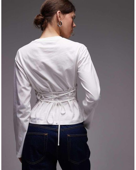 ASOS Gray Long Sleeve Corset T-shirt With Tie Back Lace Up Detail