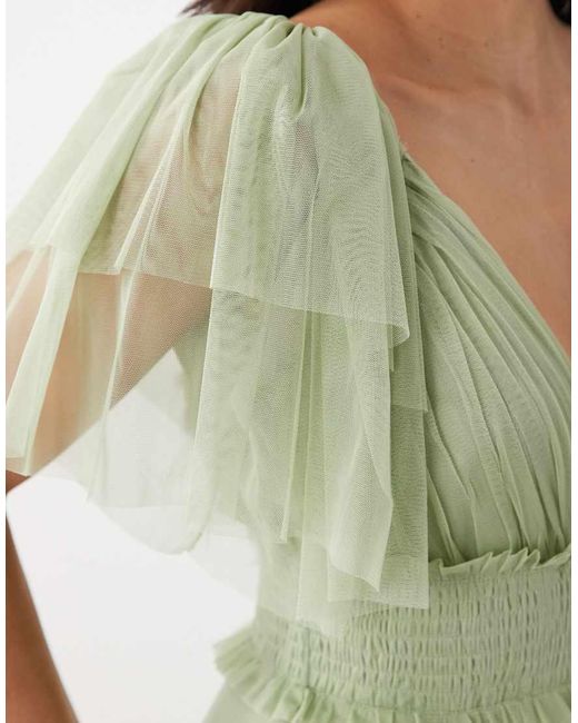 LACE & BEADS Green Bridesmaid Tulle Flutter Sleeve Shirred Waist Maxi Dress