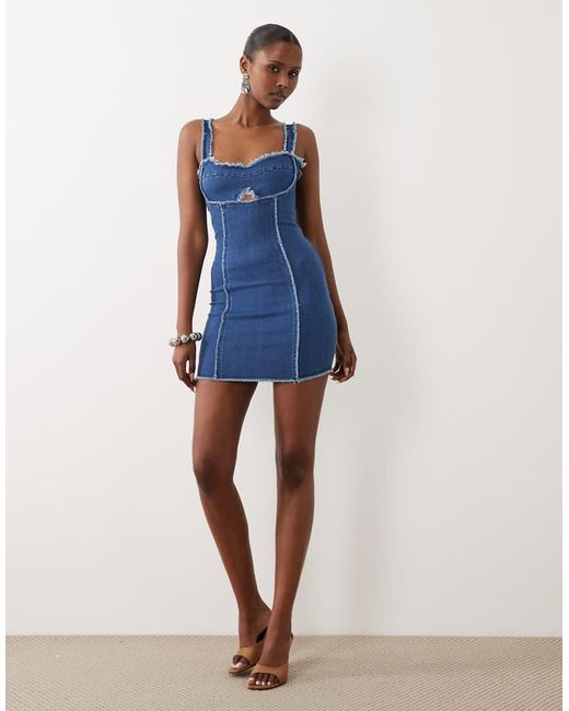 The Frolic Blue Exclusive Denim Raw Edge Seam Detail Mini Dress