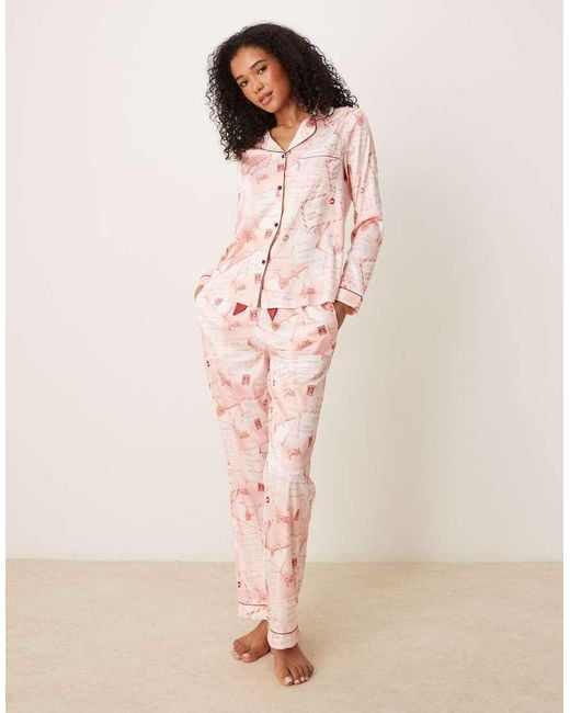 Chelsea Peers Pyjama Van Polyester Met Lange Mouwen, Reverskraag En Briefprint in het Pink