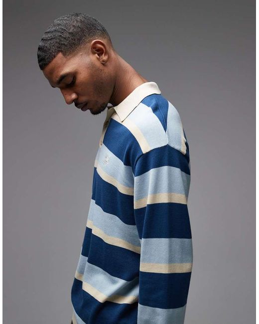 Parlez Blue Pipe Long Sleeve Striped Knit Polo Shirt for men
