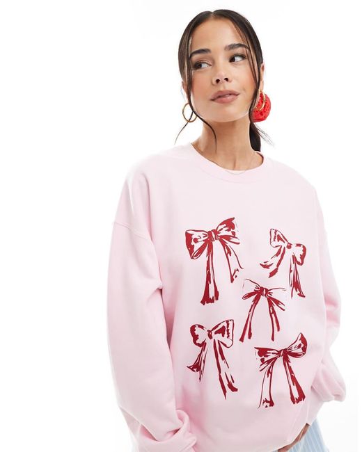 Miss Selfridge Red Bow Print Oversized Sweatshirt