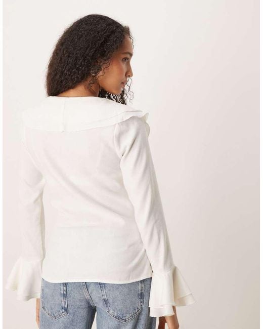 Glamorous White V-Neck Ruffle Trim Blouse