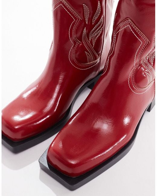 Stradivarius Red Faux Leather Square Toe Western Boots