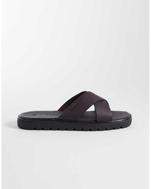 Calvin Klein Black Real Leather Cross Sandals for men