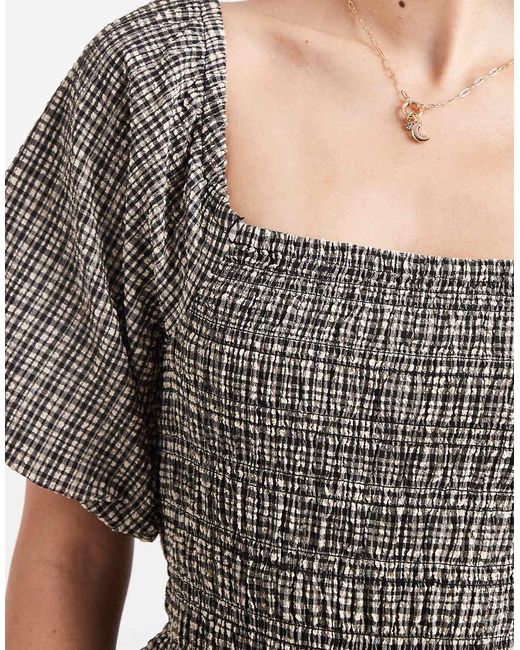New Look Gray Check Shirred Milkmaid Top