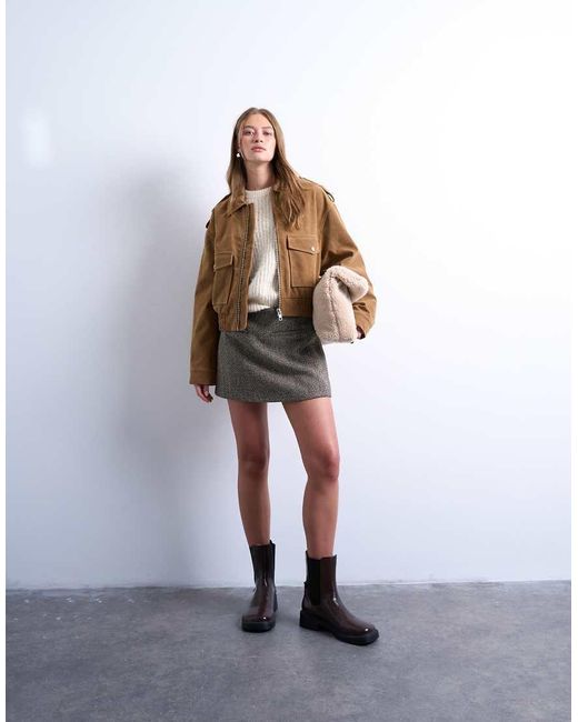 TOPSHOP Brown Cropped Faux Suede Bomber Jacket With Snap Details