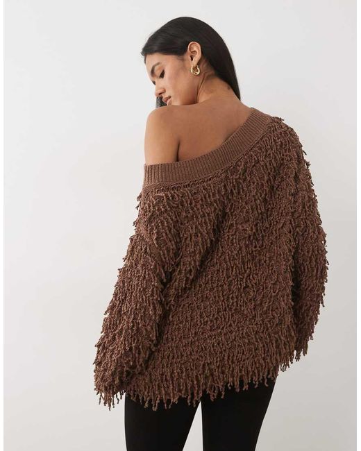 ASOS Brown Textured Knit Asymmetric Off The Shoulder Sweater