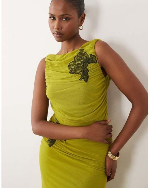 ASOS Green Ruched Mesh Maxi Dress With Floral Applique And Ruched Detail