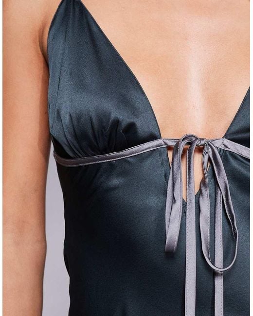 ASOS Blue Asos Design Tall Satin Bias Cut Cami Midi Dress With Contrast Tie Detail