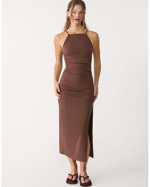 Stradivarius Brown – neckholder-midikleid