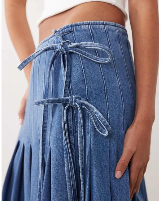 ARRANGE Blue Pleated Denim Midi Skirt With Tie Detail
