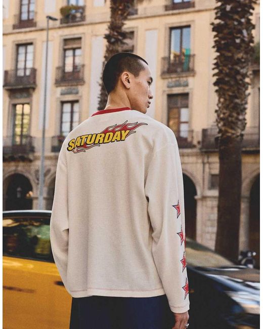 Bershka Red Waffle Racing Long Sleeve T-Shirt for men