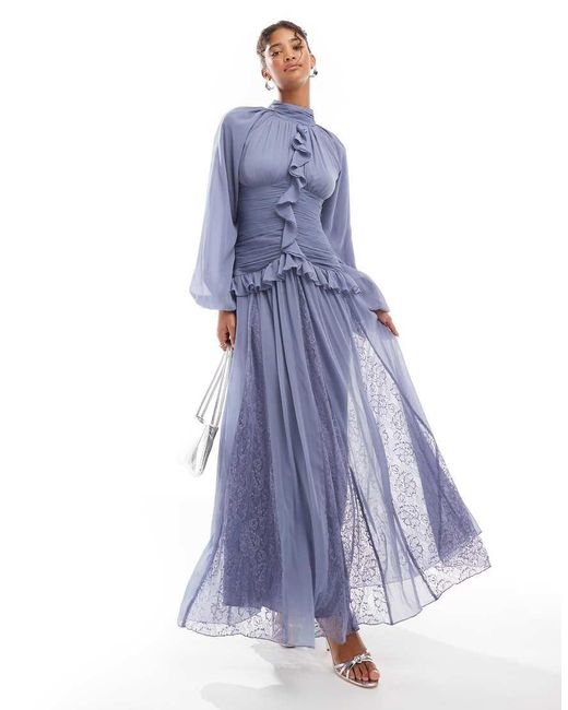 ASOS Blue Waterfall Ruffle Gauged Bodice Maxi Dress With Lace Godets