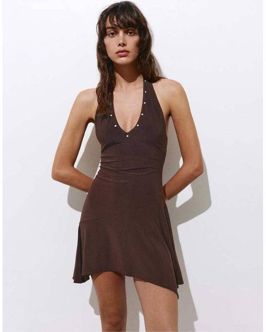Pull&Bear Brown Short Studded Halter Dress