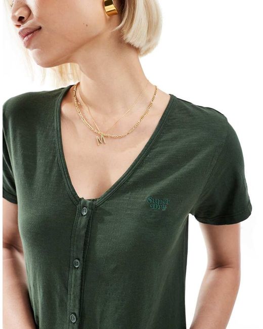 Superdry Green Short Sleeve Button Through Jersey Midi Dress