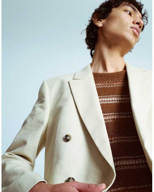 Topman Natural Double Breasted Linen Blend Blazer for men