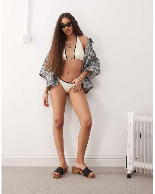 Lioness Brown Cindy Bow Detail Contrast Trim Halterneck Bikini Top Co-ord